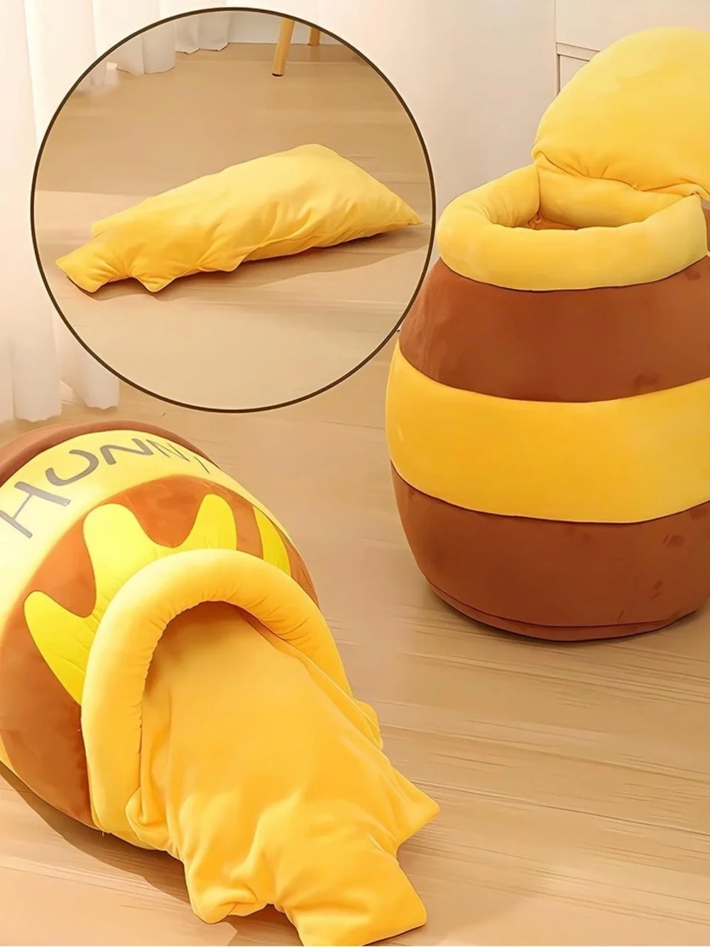Yellow Brown Honey Jar Cat Bed - Cozy Plush Pet Cave